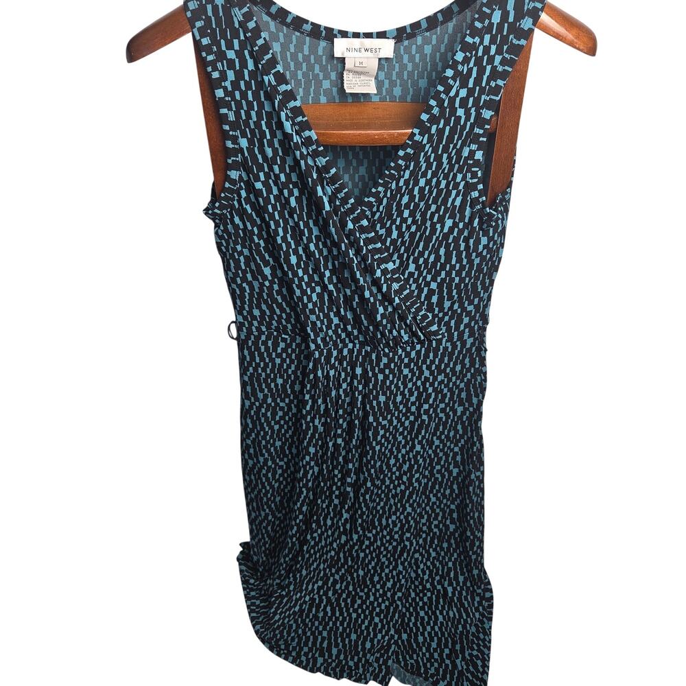 Nine West Teal & Black Abstract Geometric Faux Wrap Dress Medium